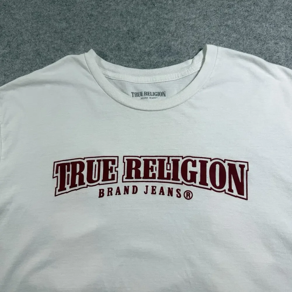 True Religion T Shirt Mens 3XL White Red Horseshoe Paint Logo Relaxed Fit Street